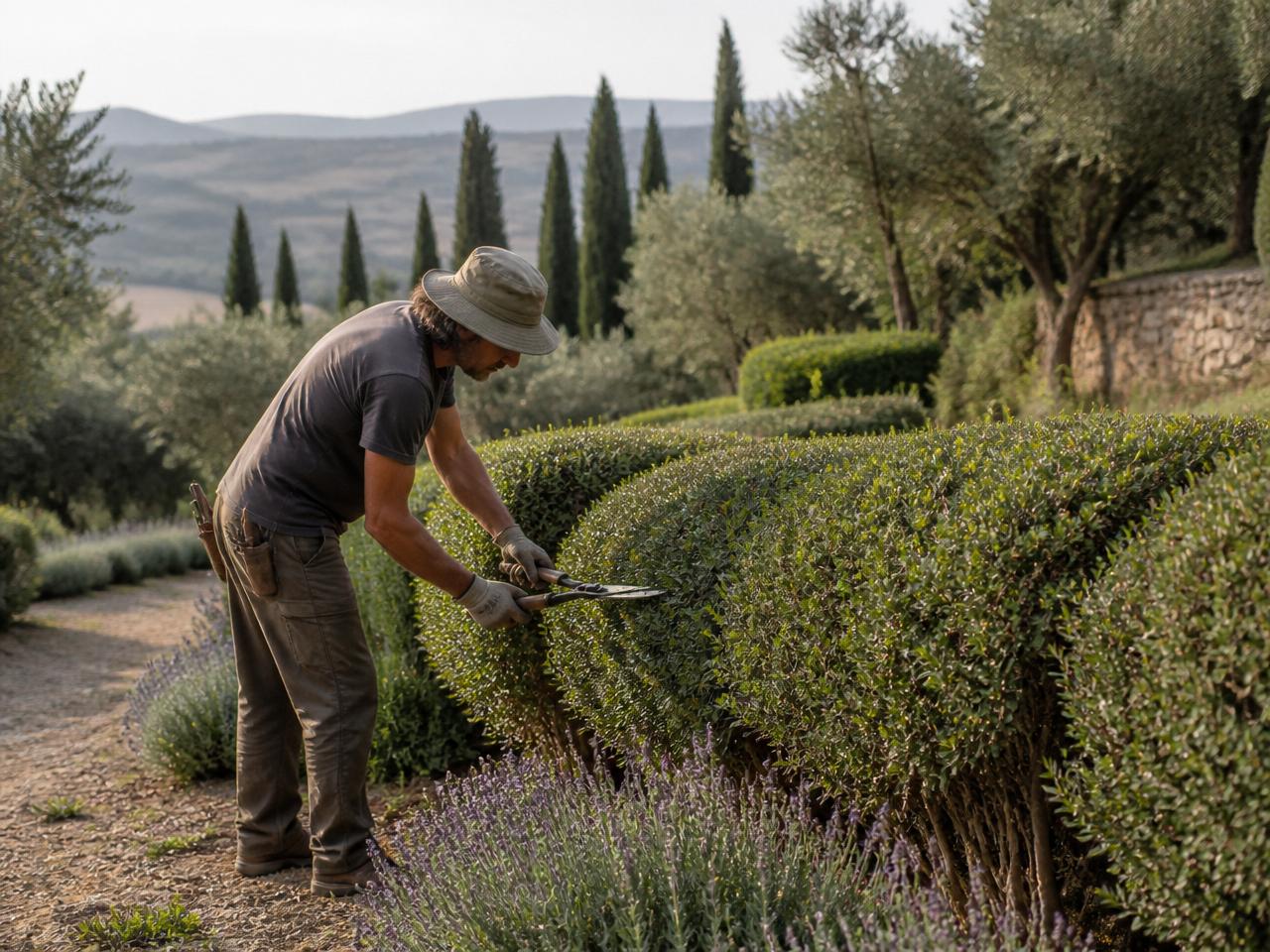 Jardinero recortando setos y cuidando un jardín mediterráneo en Tarragona