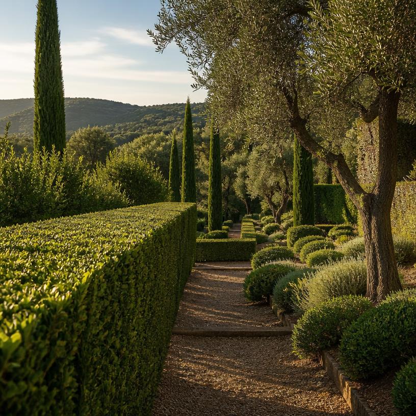 Setos recortados y jardín cuidado en una finca de Tarragona
